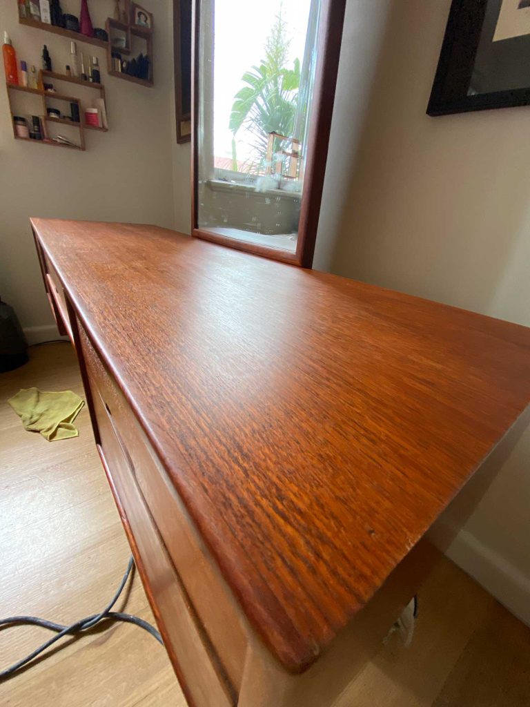 Painted furniture, table lying in the room